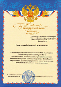 Благодарственное письмо начальнику Западного межрайонного отделения филиала "Брянскэнергосбыт" Дмитрию Жадовцу от администрации и детского коллектива ГБОУ "Климовская школа-интернат"